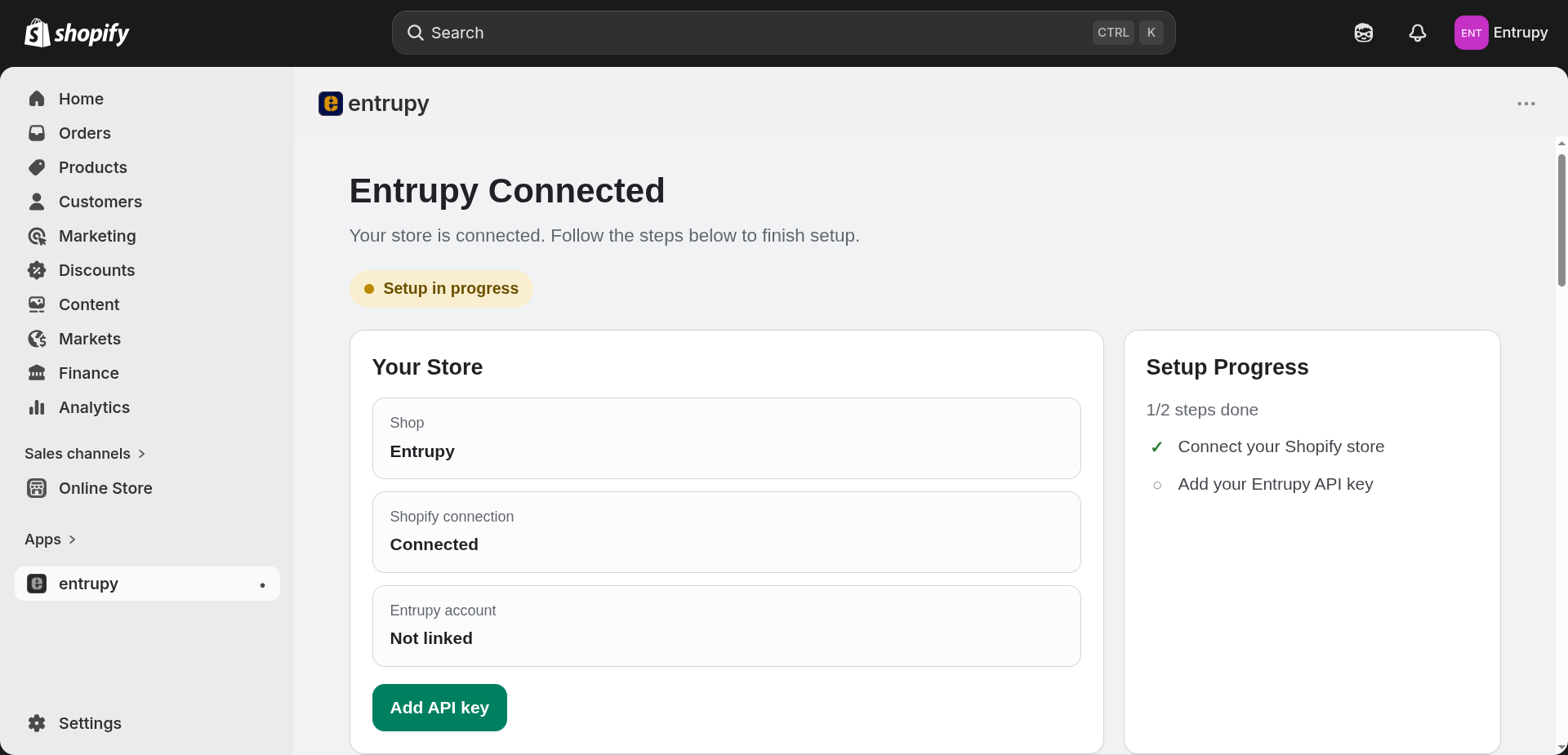 Entrupy Shopify add api key