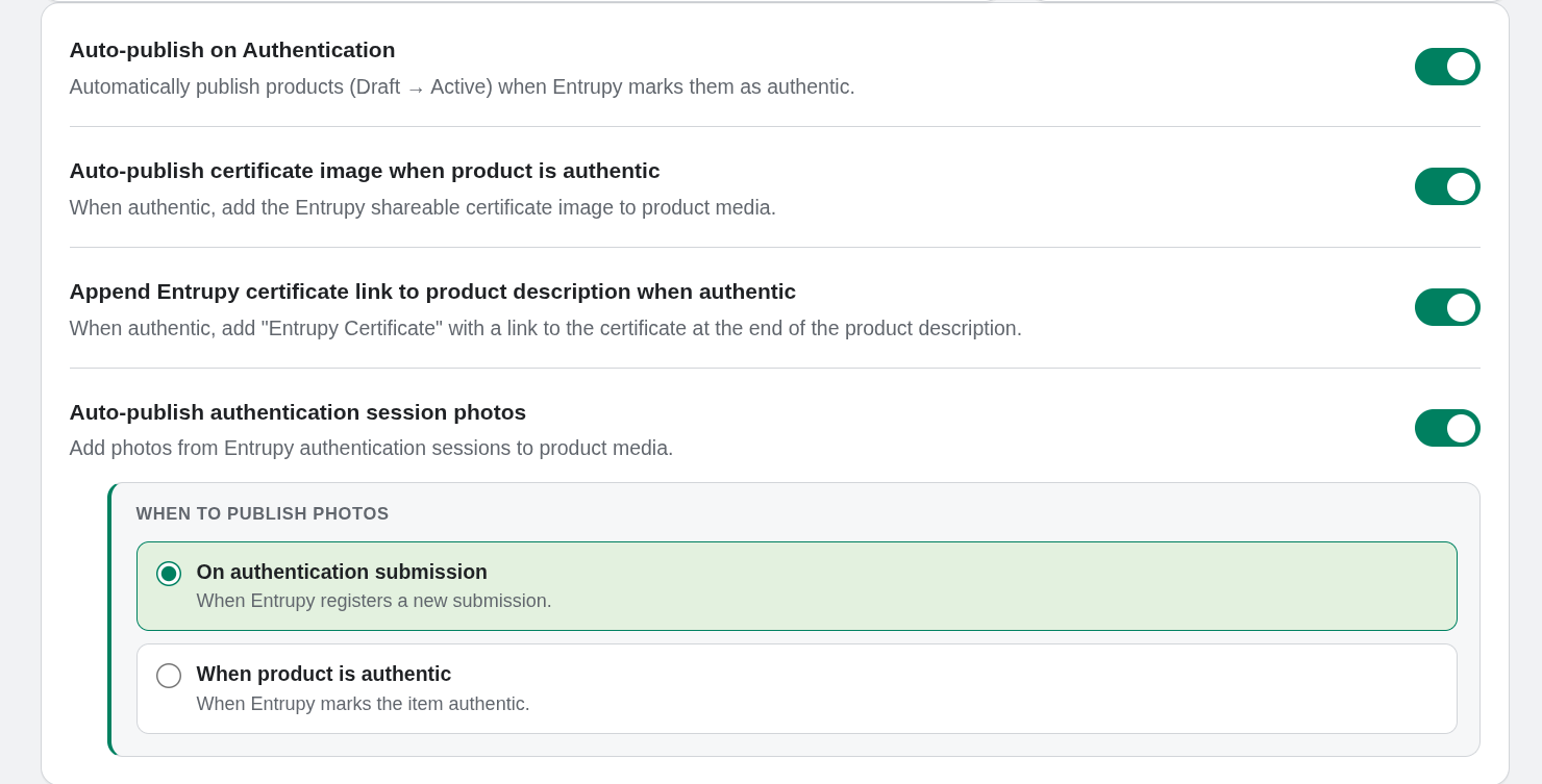 Settings page showing automation toggles including session photo timing options
