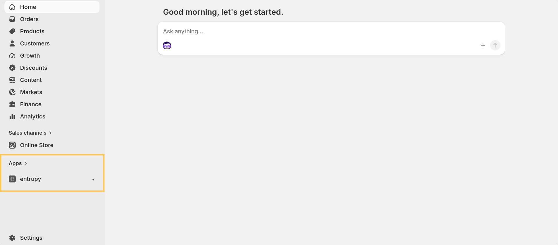 Entrupy app on the Shopify admin Home sidebar